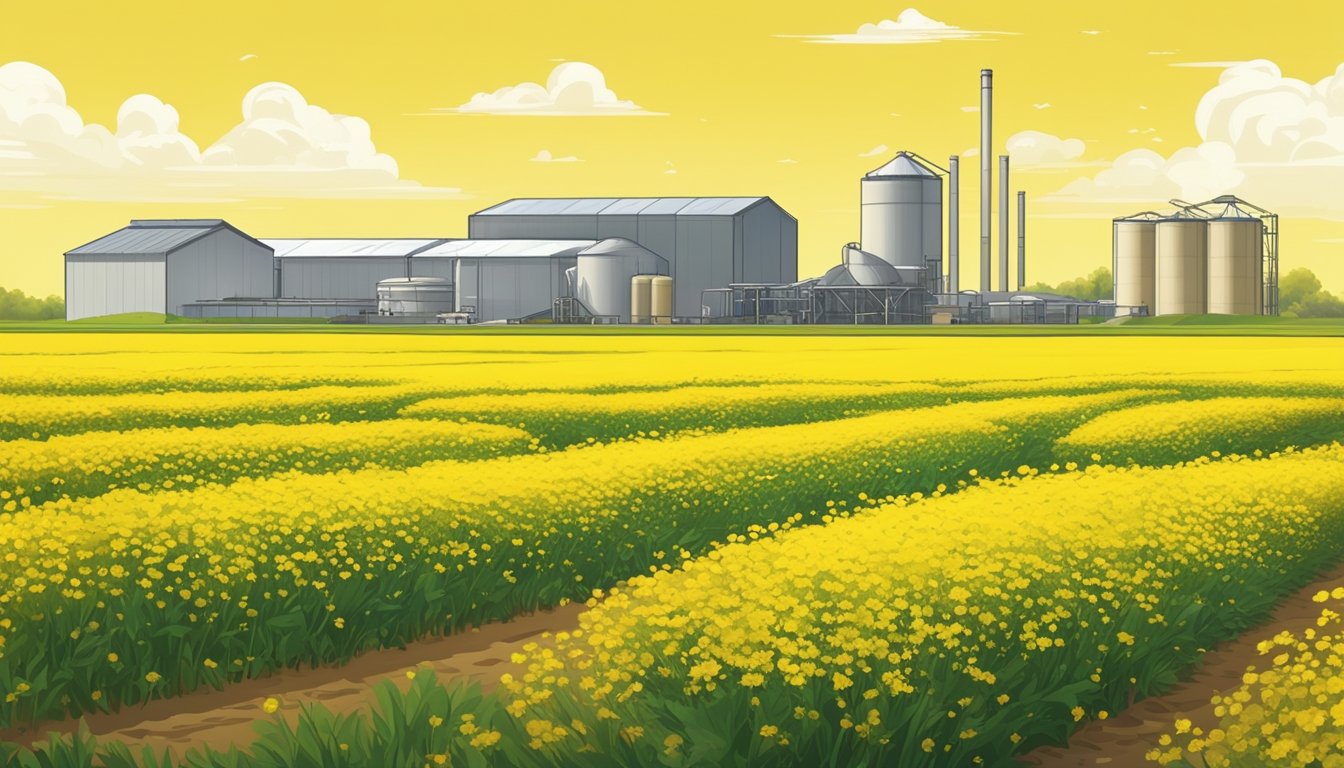 A field of vibrant yellow canola flowers swaying in the breeze, with a modern production facility in the background