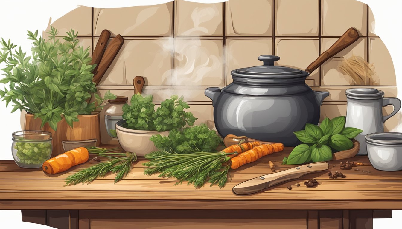 A rustic kitchen with a wooden cutting board, knife, and various herbs and spices. A pot simmers on the stove, emitting a savory aroma