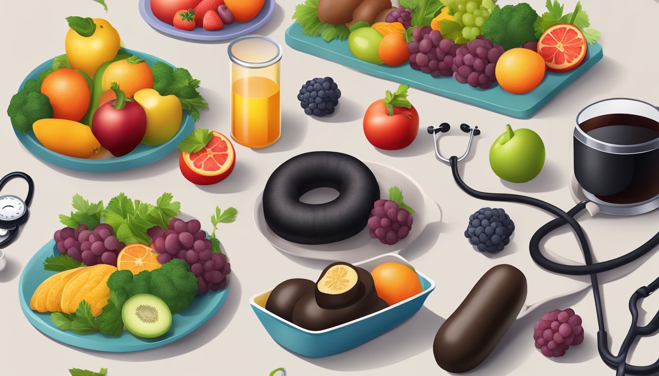 A table with a plate of blood sausage surrounded by colorful fruits and vegetables, with a doctor's stethoscope nearby