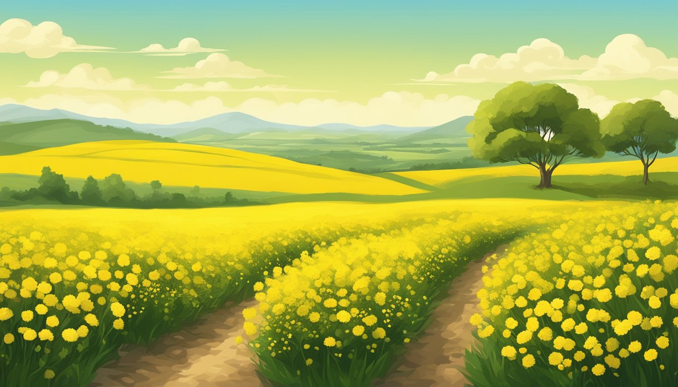 A lush canola field with bright yellow flowers, surrounded by clean air and greenery, symbolizing the health benefits of canola oil