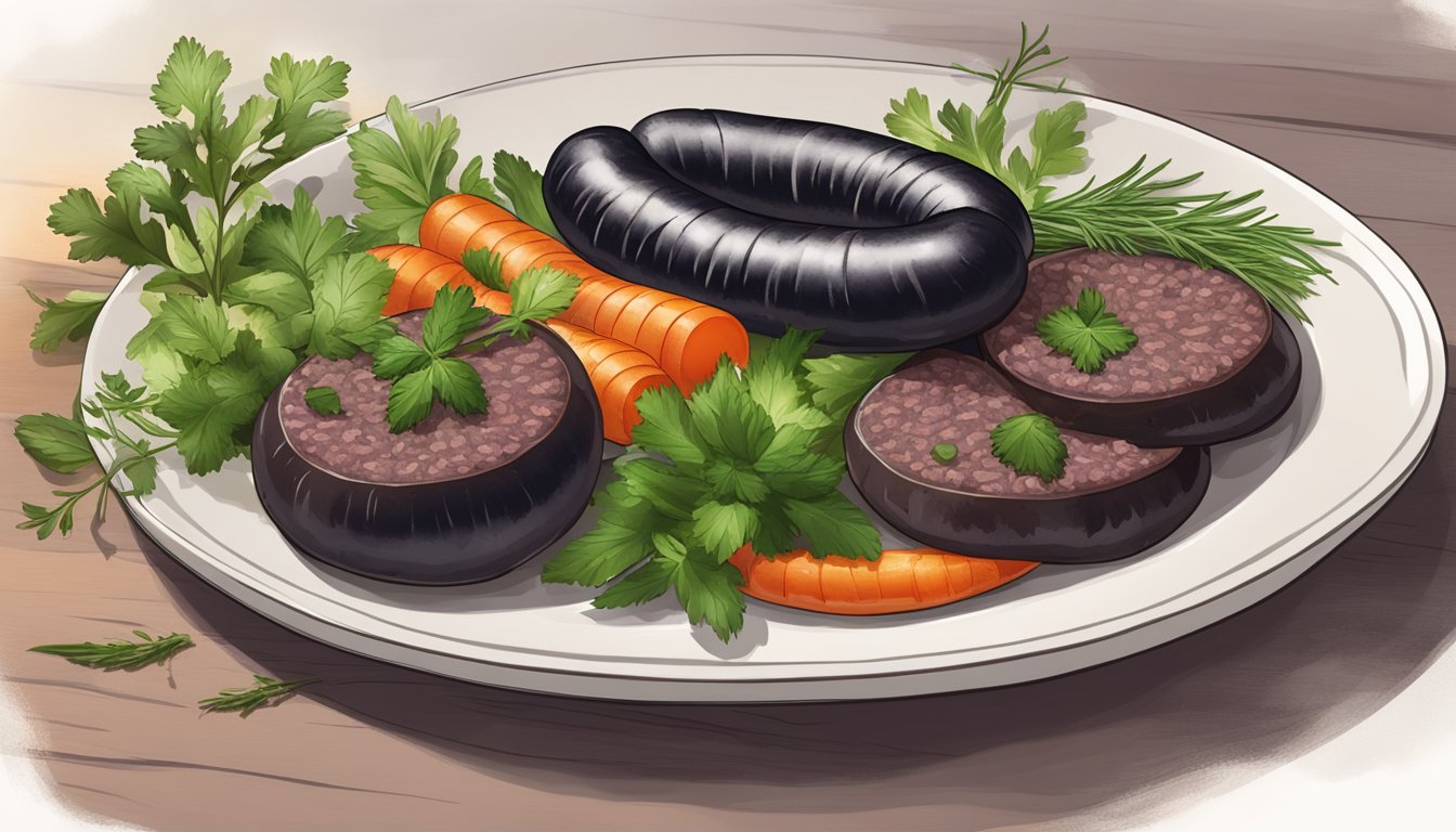 A plate of blood sausage surrounded by fresh herbs and vegetables, with steam rising from the cooked sausage