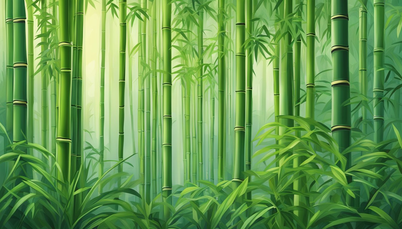 A lush bamboo forest with vibrant green shoots poking through the earth, surrounded by a diverse array of plant life