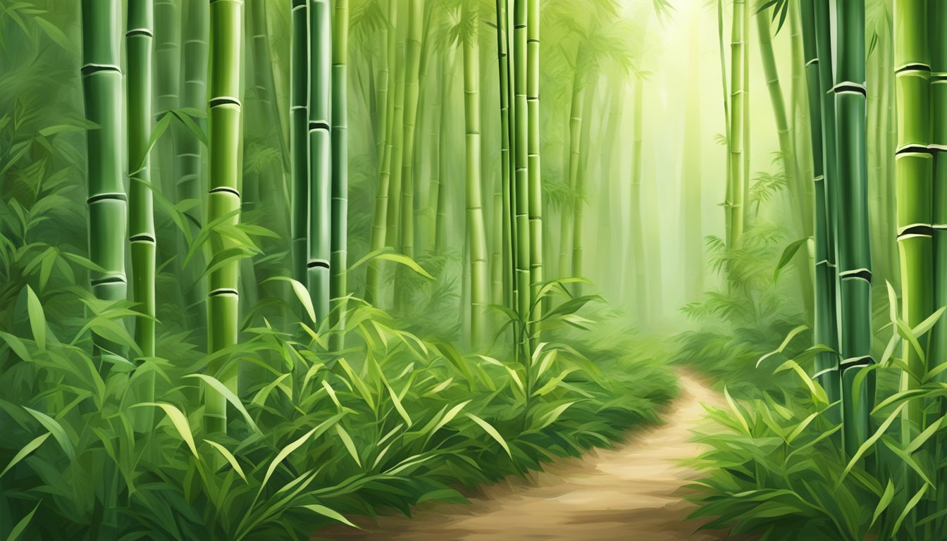 A lush bamboo forest with various bamboo shoots sprouting from the ground, symbolizing cultural significance and health benefits