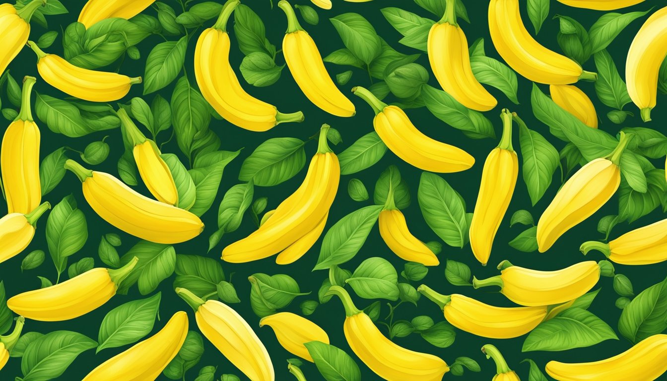 A colorful pile of banana peppers surrounded by vibrant green leaves and a scattering of seeds