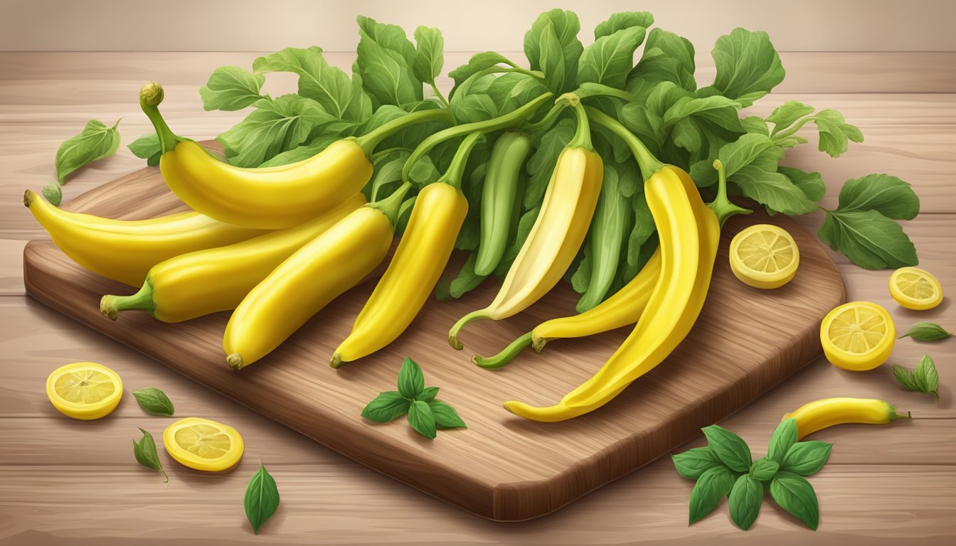 A bunch of vibrant yellow banana peppers arranged on a wooden cutting board, surrounded by various colorful vegetables and herbs