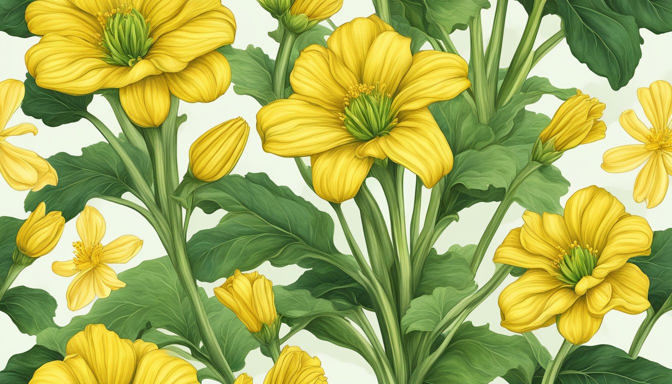 A vibrant zucchini plant with delicate yellow blossoms and lush green leaves, symbolizing the health benefits for women's dietary considerations