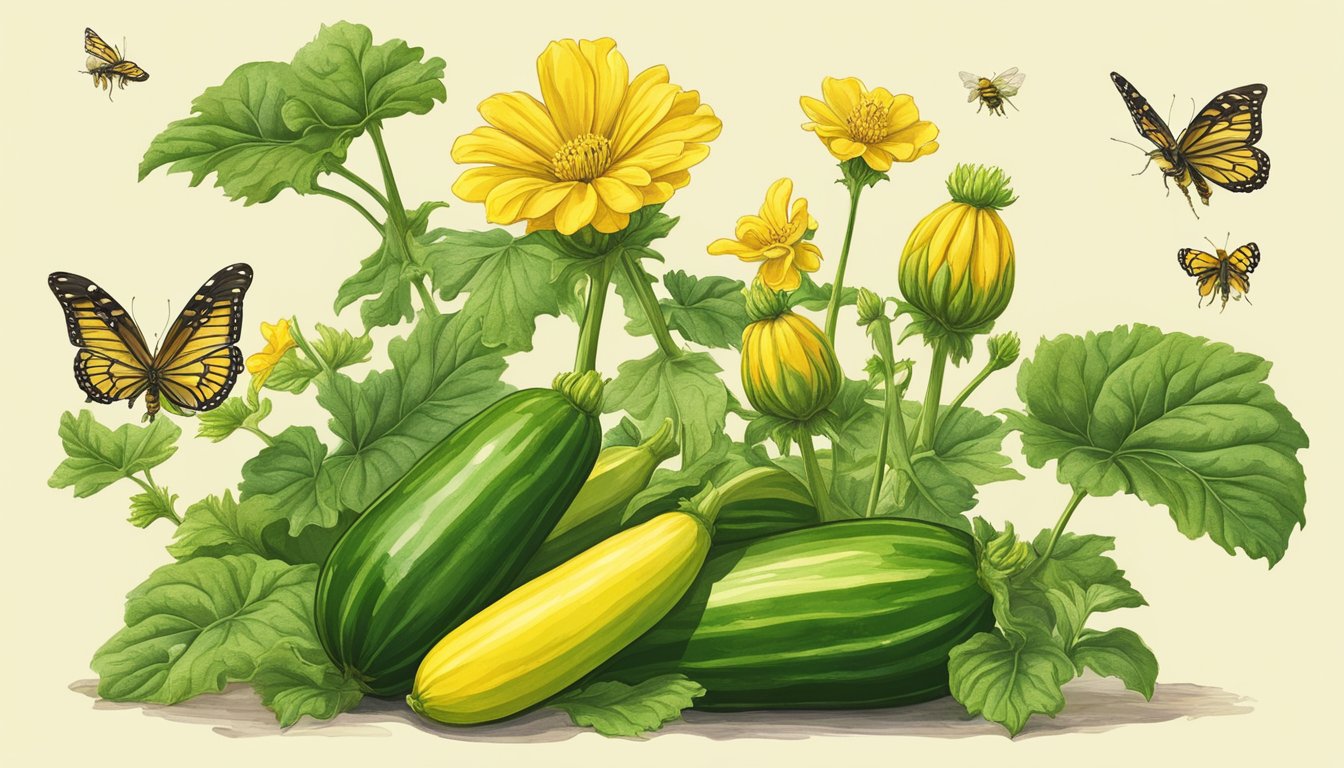 A vibrant zucchini plant with yellow blossoms surrounded by lush green leaves. Bees and butterflies are seen pollinating the flowers, showcasing their role in disease prevention and management