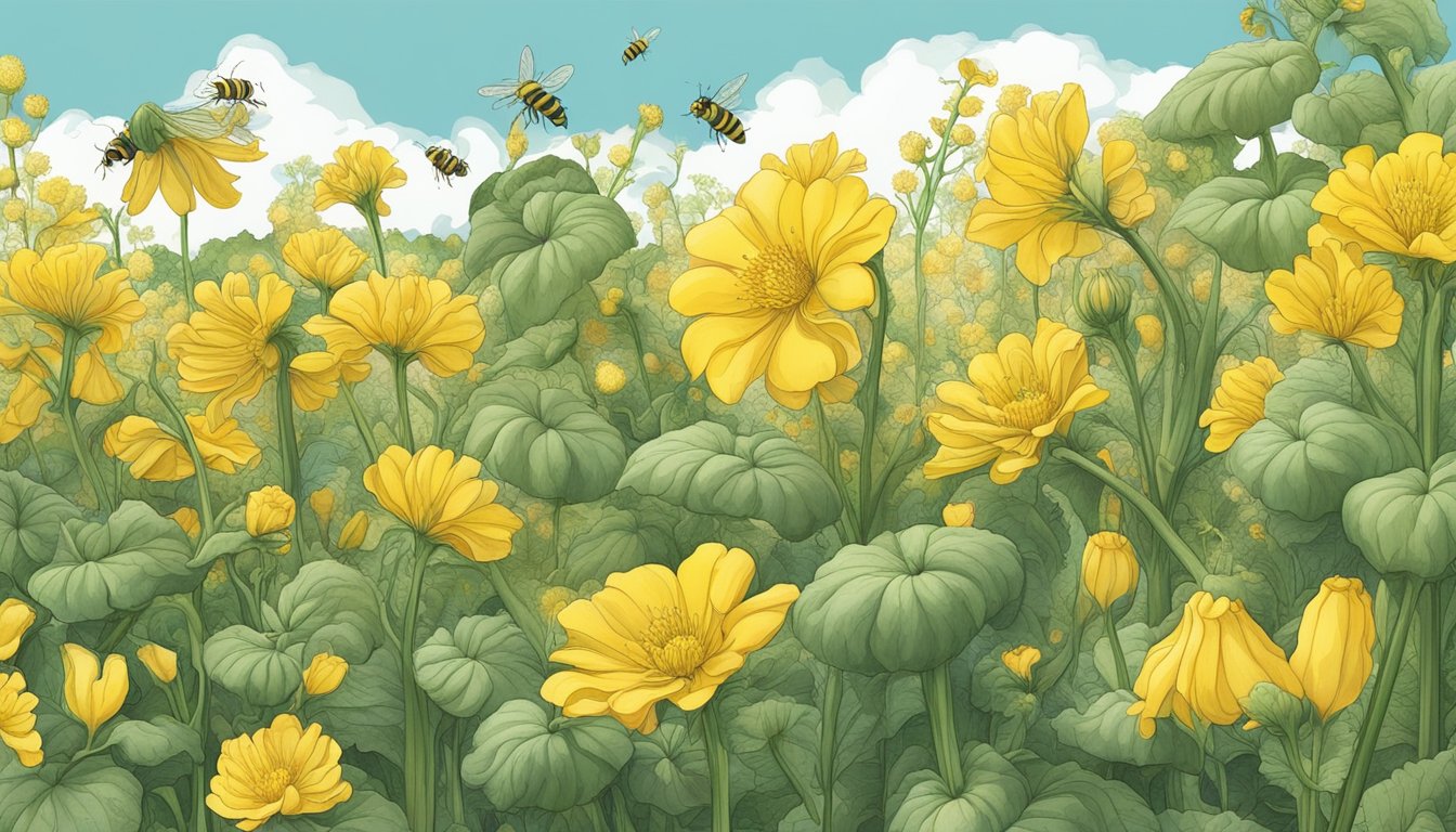 A bountiful garden with vibrant zucchini plants, showcasing delicate yellow blossoms. Bees hover nearby, highlighting the cultural and culinary significance of the plant