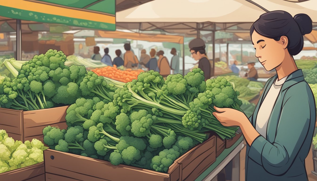 A person carefully selecting and storing fresh broccolini in a market