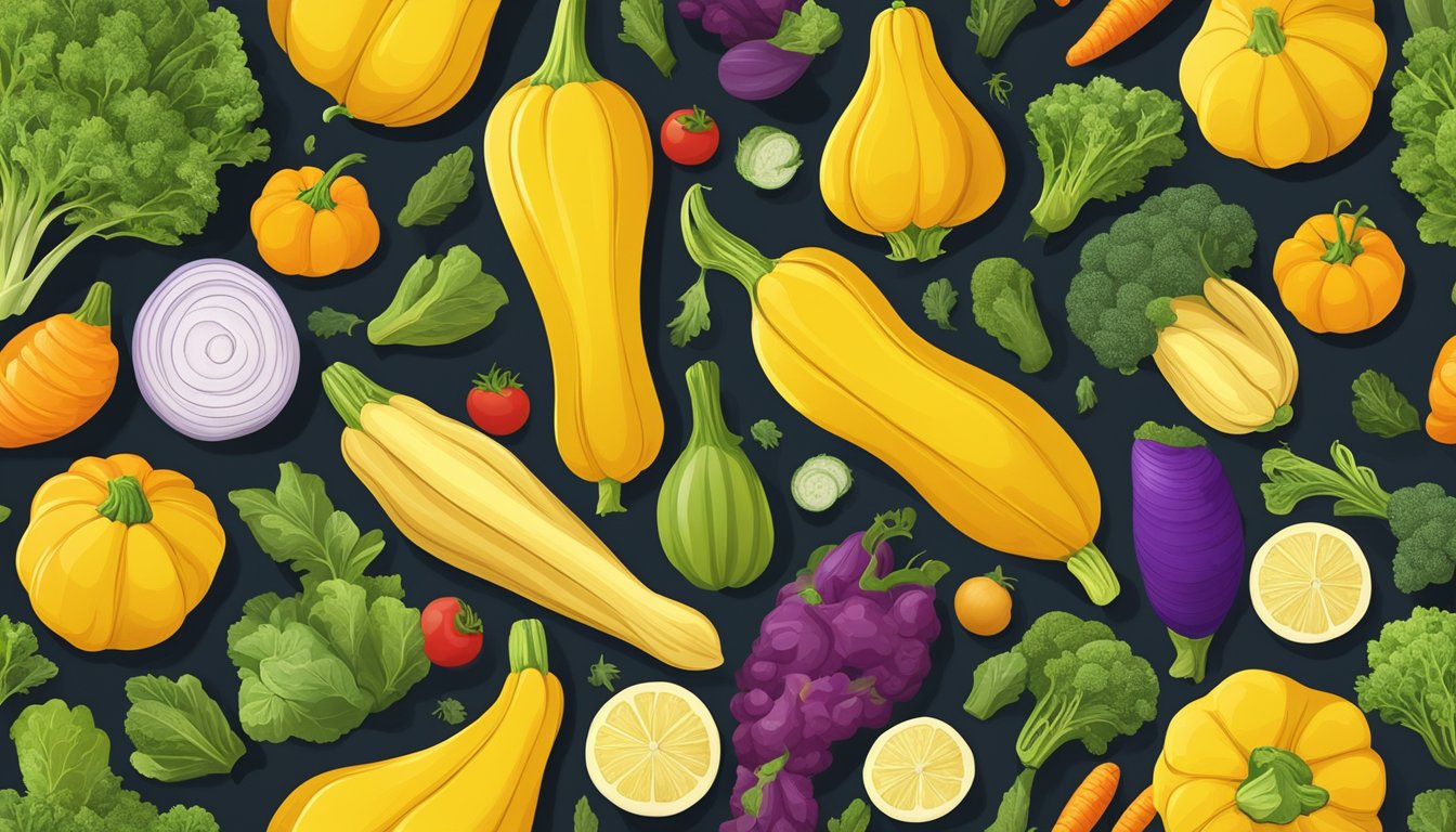 A vibrant yellow squash surrounded by an assortment of colorful vegetables, with a glowing halo to symbolize its health benefits