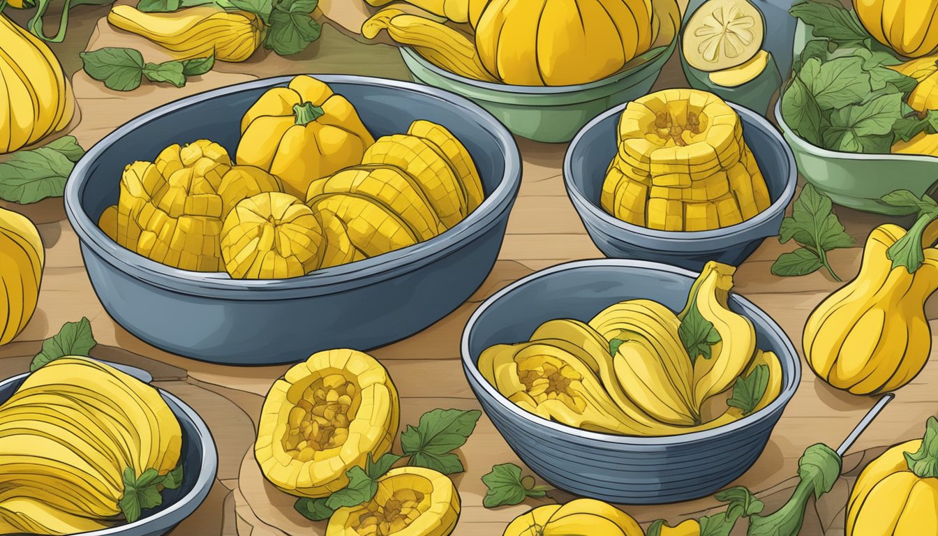 A colorful array of fresh yellow squash being washed and sliced, ready for cooking