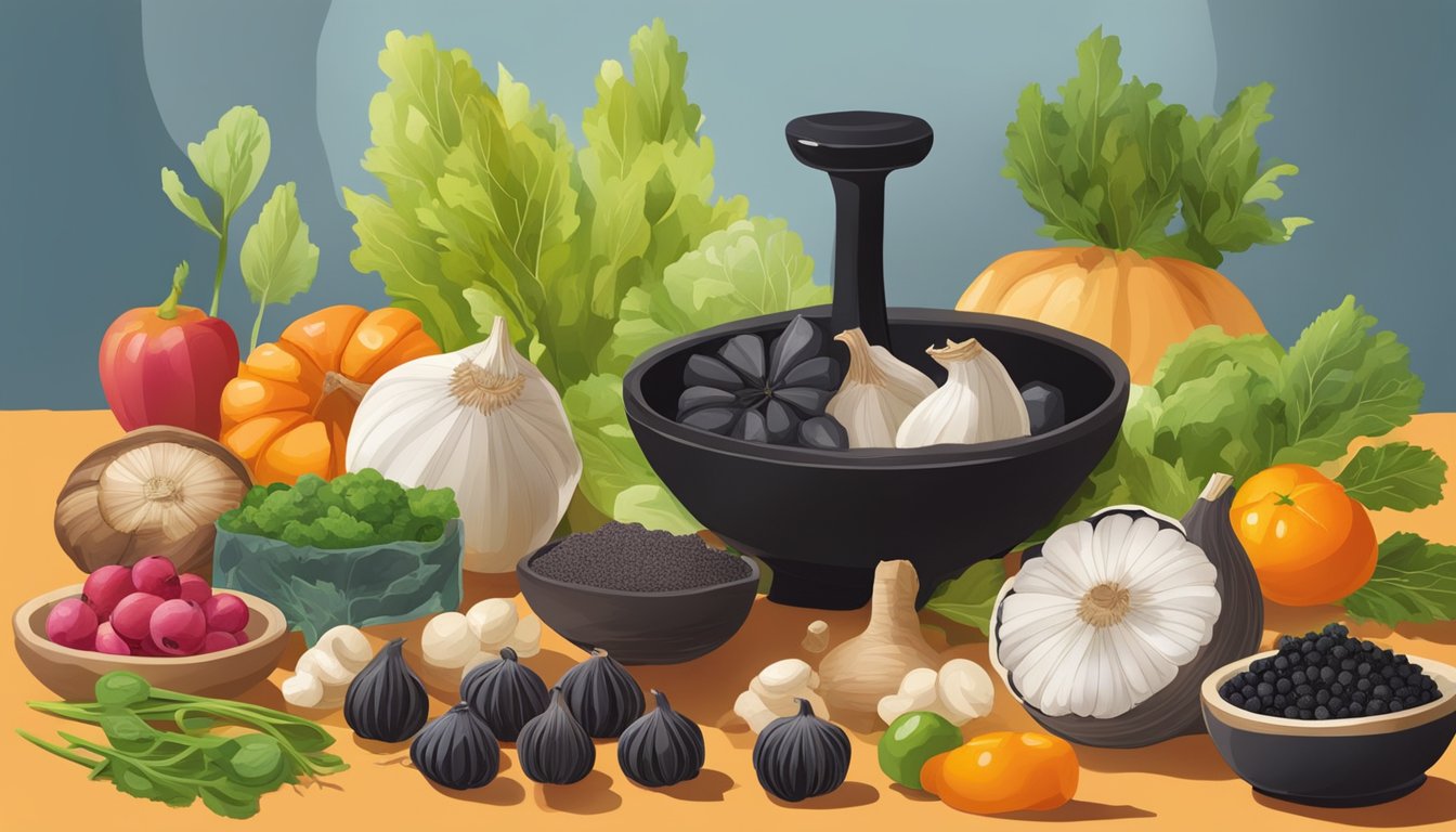 A vibrant still life of various dishes and ingredients, including black garlic, surrounded by colorful fruits and vegetables, evoking a sense of health and wellness