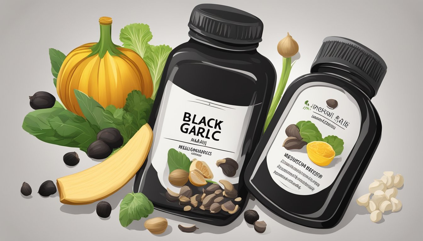 A table with a bottle of black garlic supplements next to various fruits and vegetables, indicating the health benefits of black garlic and potential medication interactions