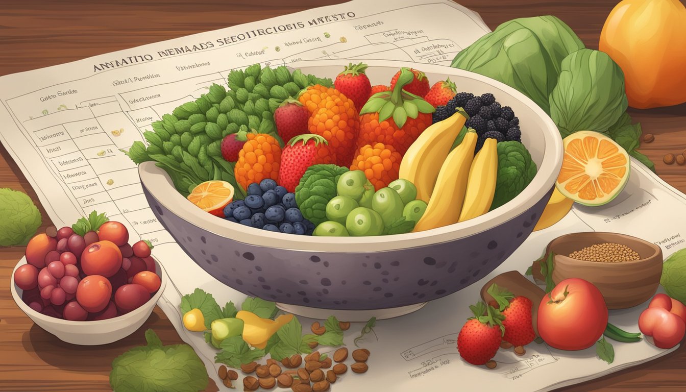 A bowl of annatto seeds surrounded by vibrant fruits and vegetables, with a nutritional chart in the background