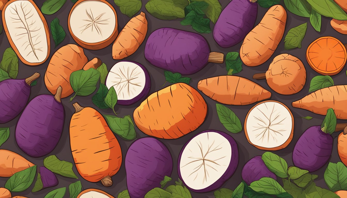 A colorful array of yams, including orange, purple, and white varieties, arranged on a wooden cutting board with vibrant green leaves scattered around