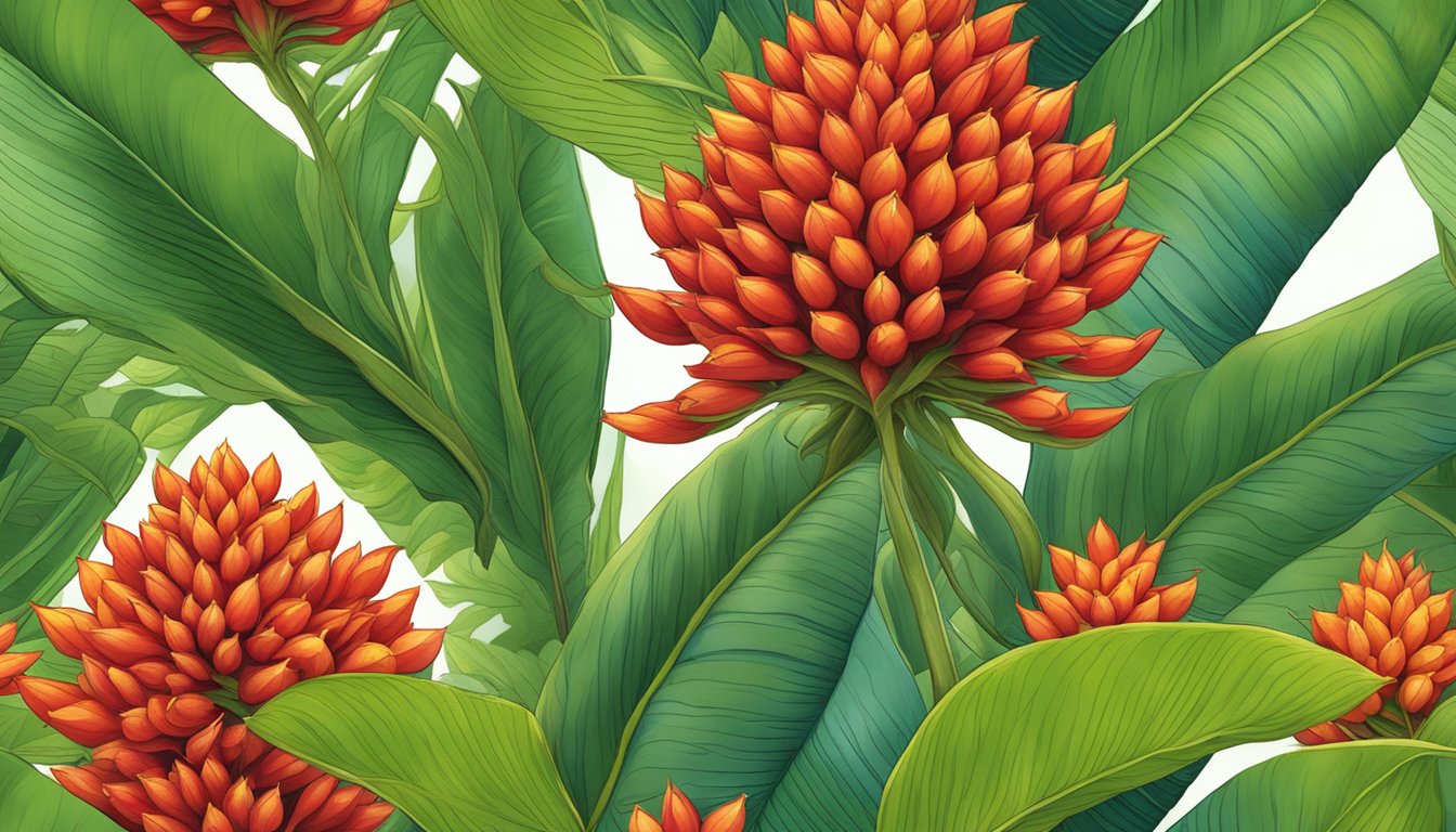 A vibrant illustration of annatto plants growing in a lush tropical environment, with their bright red seeds prominently displayed