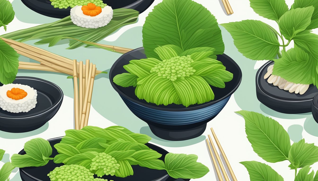 A vibrant wasabi plant with bright green leaves and a pungent aroma, surrounded by small dishes of sushi and a traditional bamboo grater