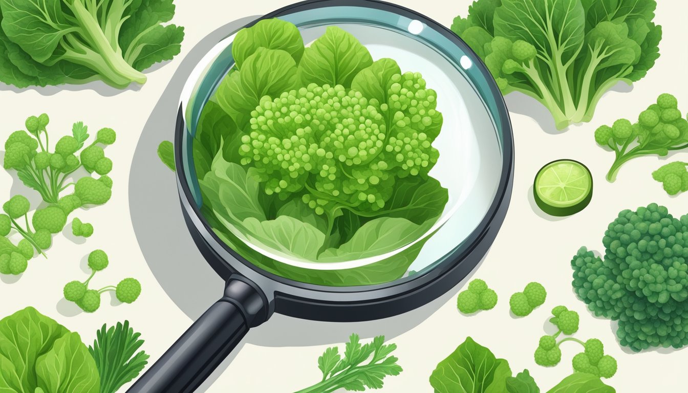 A vibrant wasabi plant surrounded by other green vegetables, with a magnifying glass highlighting the isothiocyanates within the plant