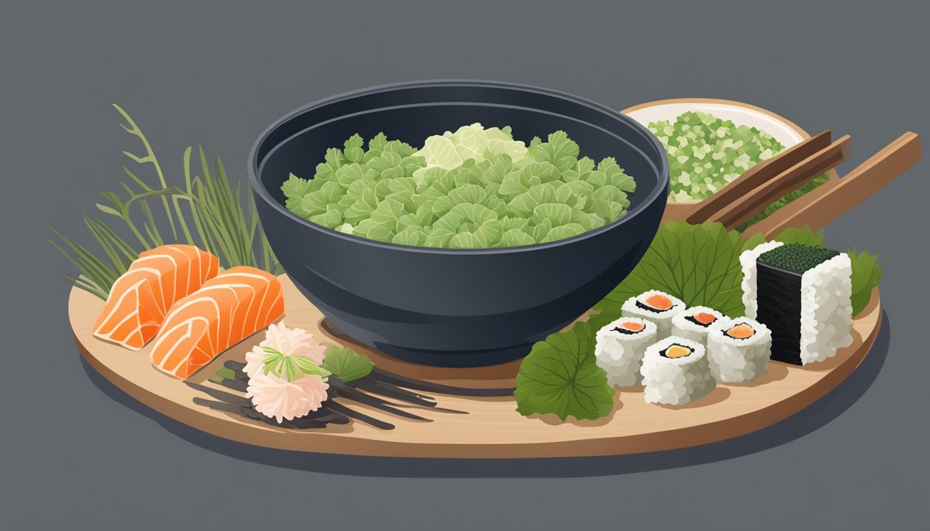 A bowl of fresh wasabi root and leaves, surrounded by sushi and sashimi. A chef grating the root with a traditional sharkskin grater