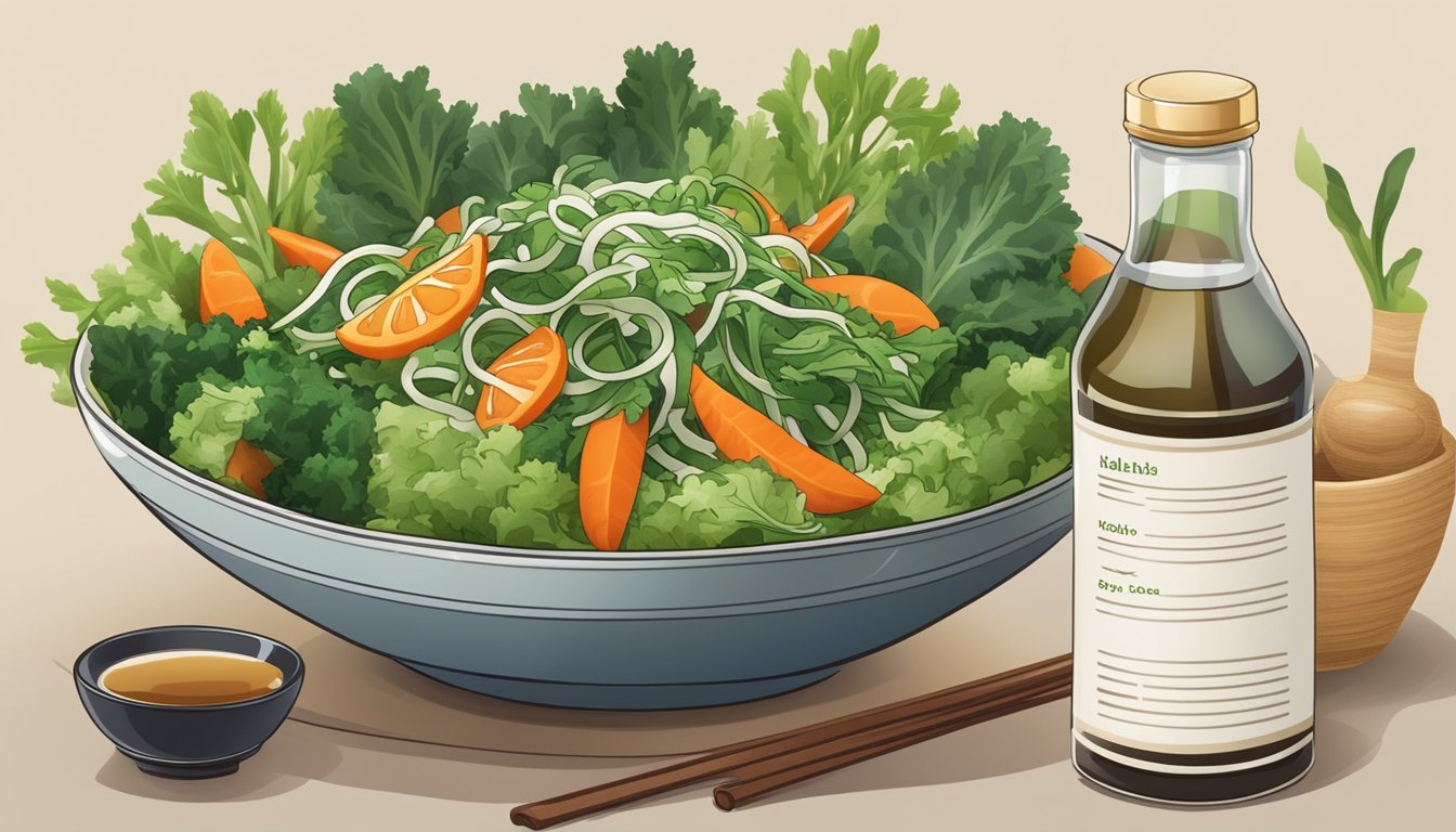 A bowl of wakame salad surrounded by fresh vegetables and a bottle of soy sauce, with a label highlighting its health benefits