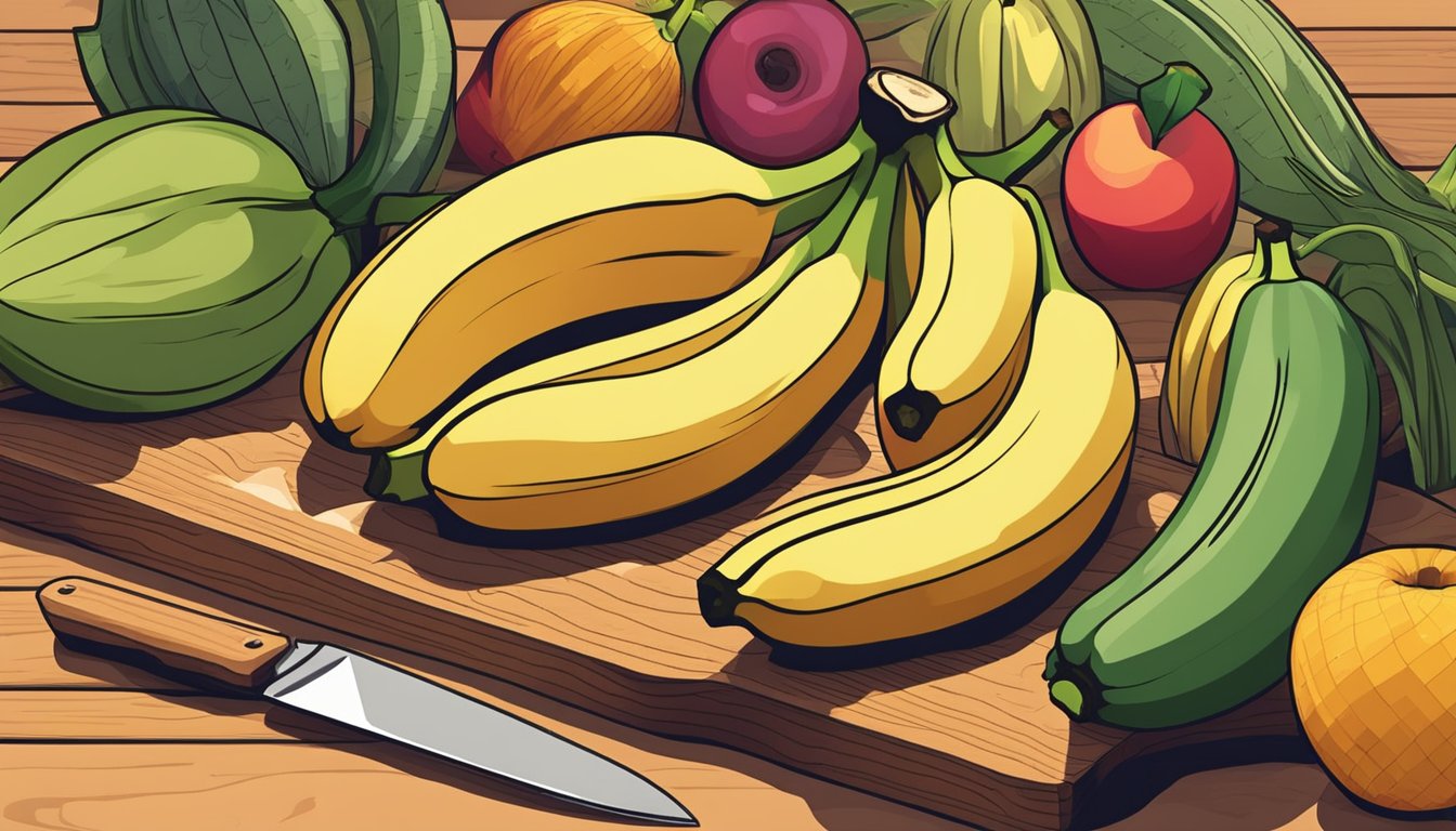 A colorful array of plantains, bananas, and other fruits arranged on a wooden cutting board. A chef's knife and cutting board sit nearby