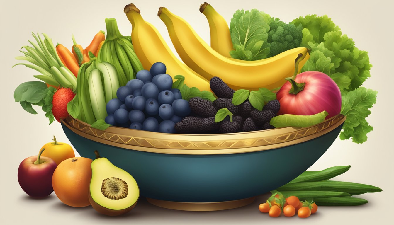 A bowl of ripe plantains surrounded by various fruits and vegetables, with a bright spotlight shining on them to showcase their health benefits