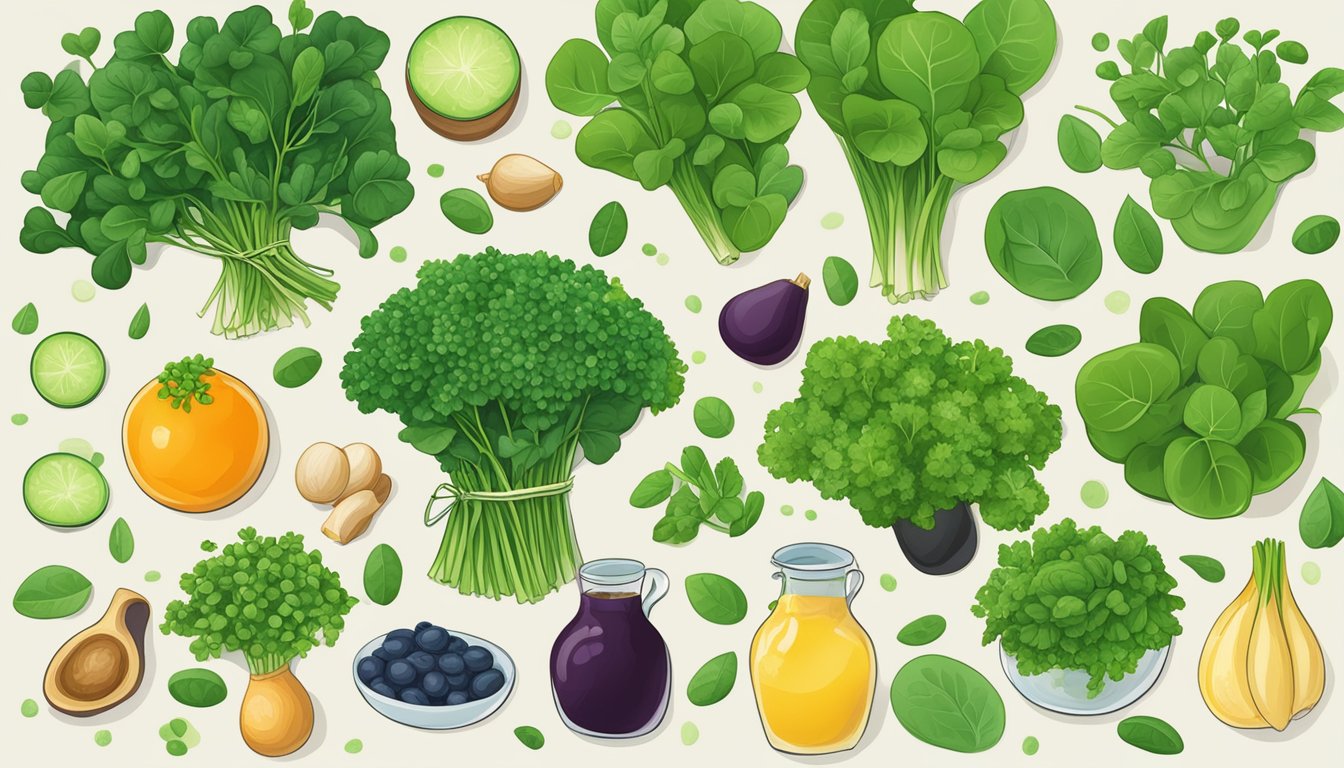 A vibrant bunch of watercress surrounded by various superfoods, showcasing its health benefits