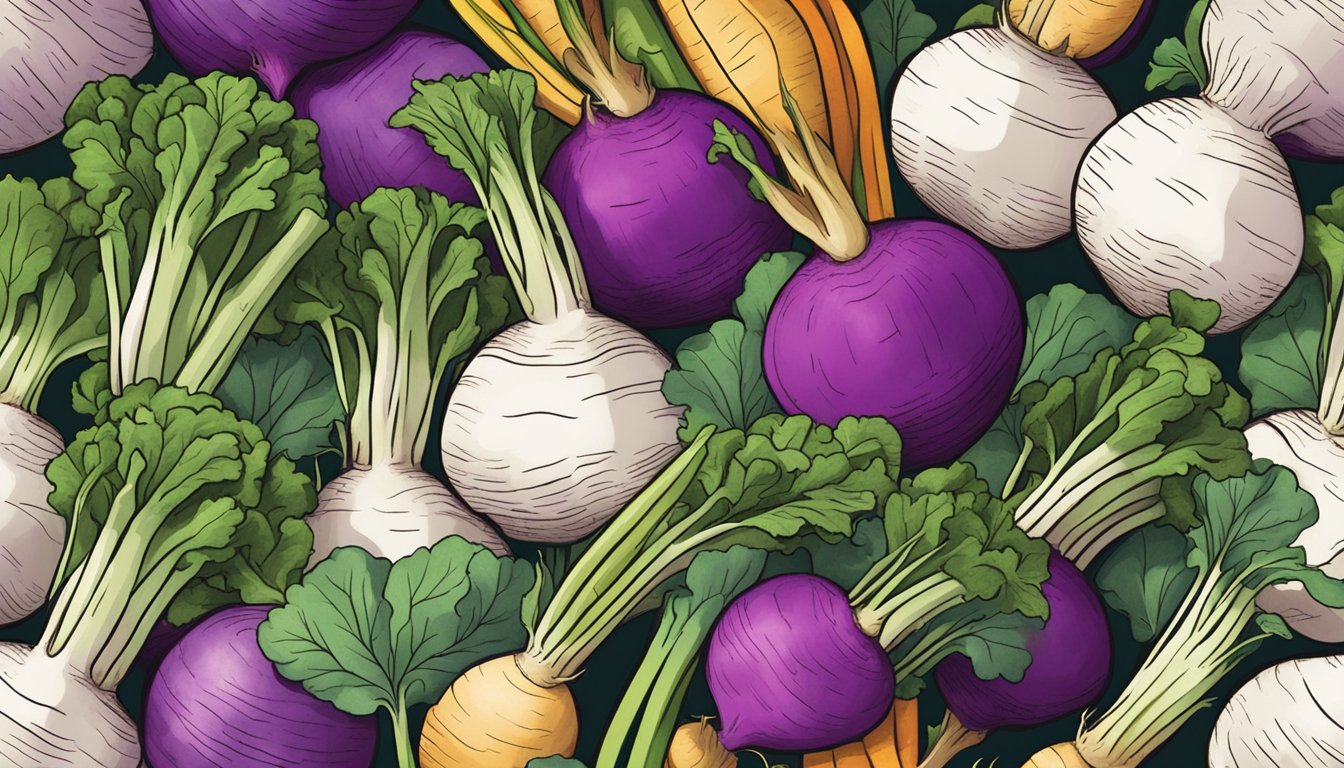 A vibrant pile of turnips, showcasing their purple and white skin, with green leafy tops, surrounded by other colorful vegetables