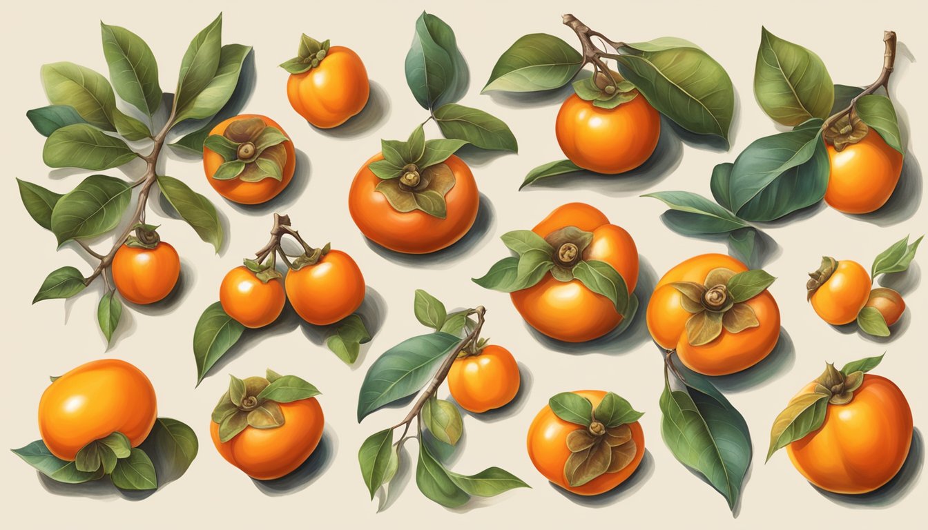 A colorful array of ripe persimmons, showcasing their different shapes and sizes, with their glossy skin and vibrant orange hues