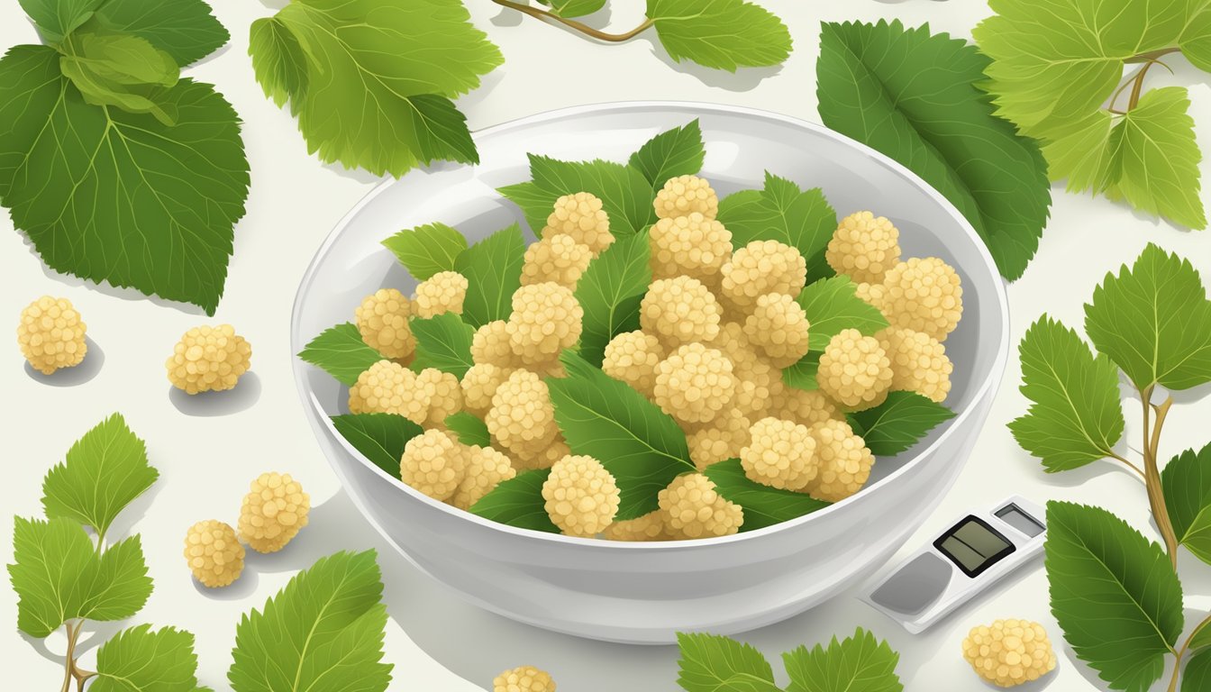 A bowl of white mulberries surrounded by fresh green leaves and a measuring tape, highlighting their nutritional benefits