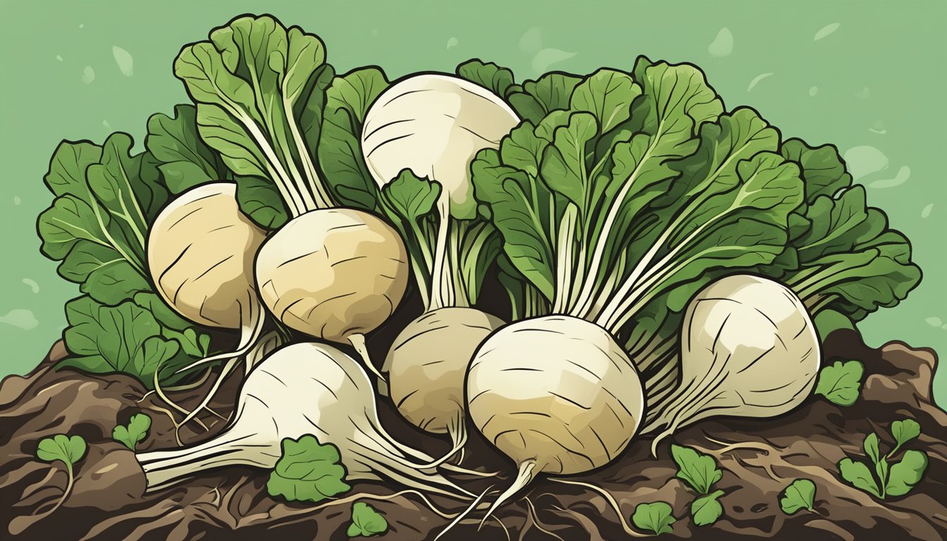 A vibrant pile of turnips surrounded by fresh green leaves and roots, showcasing their potential health benefits