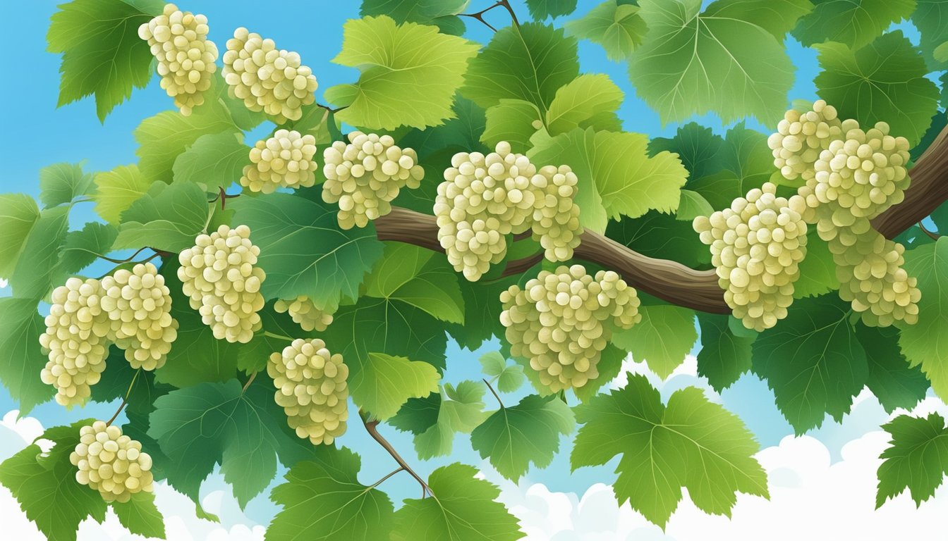 A white mulberry tree with ripe fruits hanging from its branches, surrounded by lush green leaves and a clear blue sky in the background