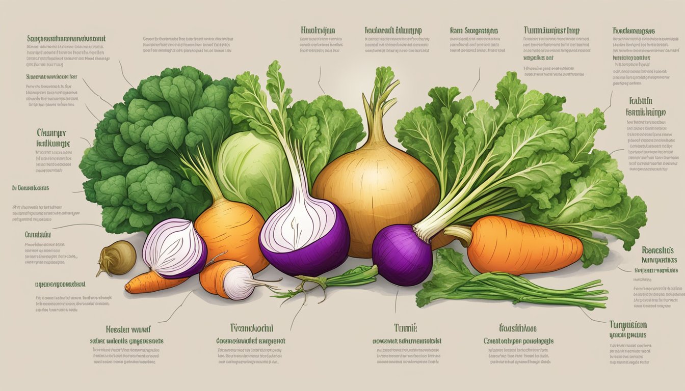 A vibrant turnip surrounded by various vegetables, each labeled with their respective health benefits, with a magnifying glass highlighting the turnip's unique advantages