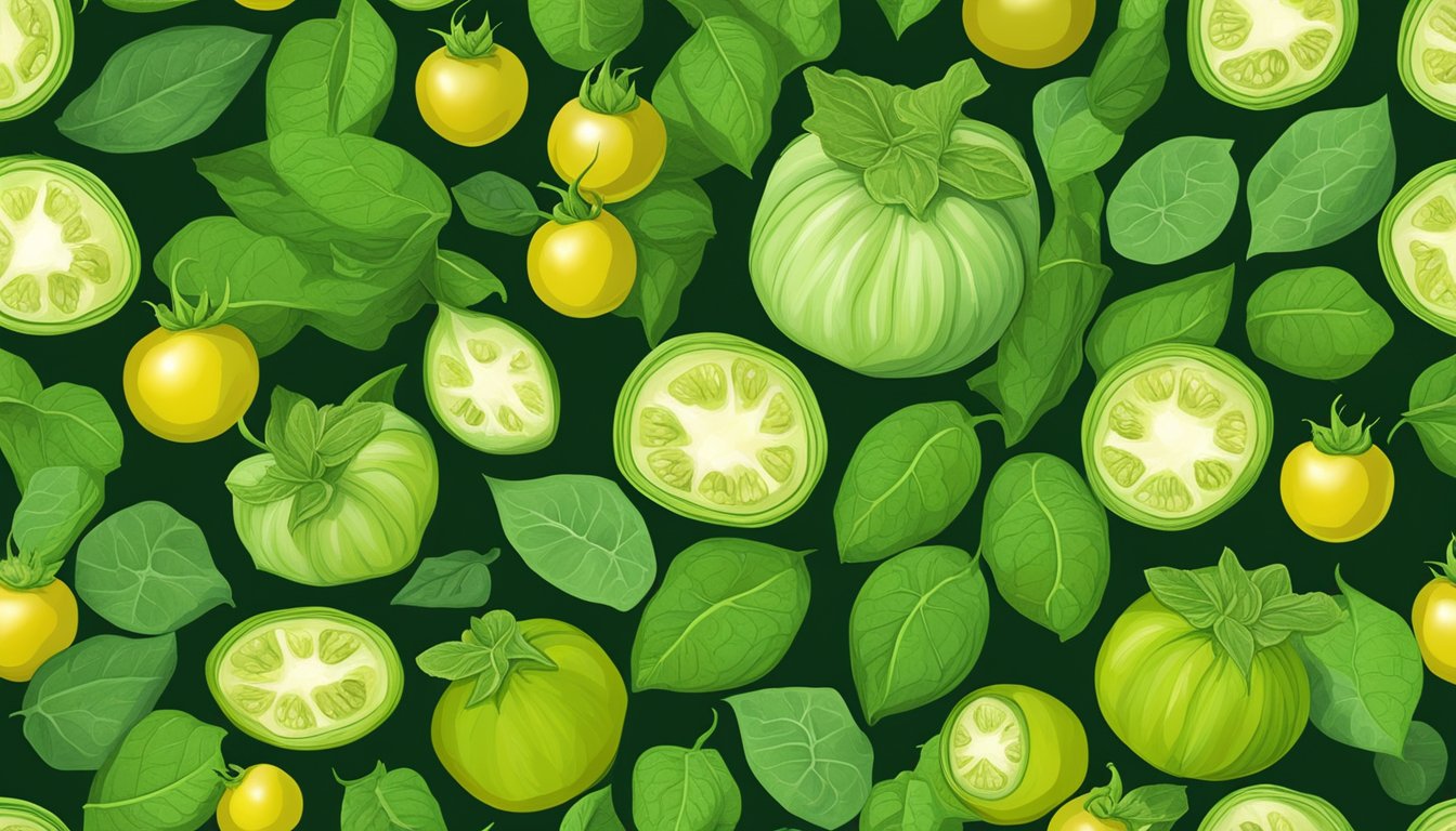 A colorful assortment of tomatillos, surrounded by vibrant green leaves and showcasing their unique husks and tart, juicy flesh