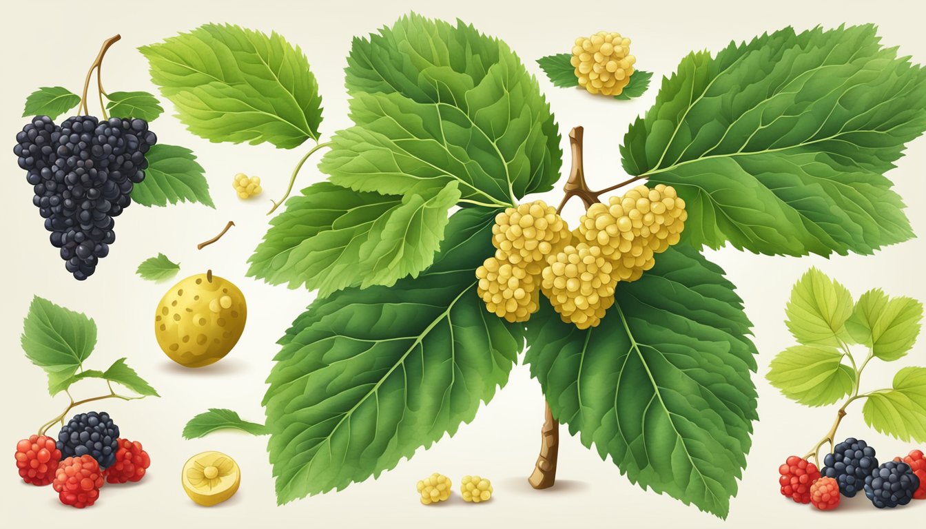 A white mulberry tree surrounded by ripe berries, with a close-up of the fruit and leaves highlighting their health benefits