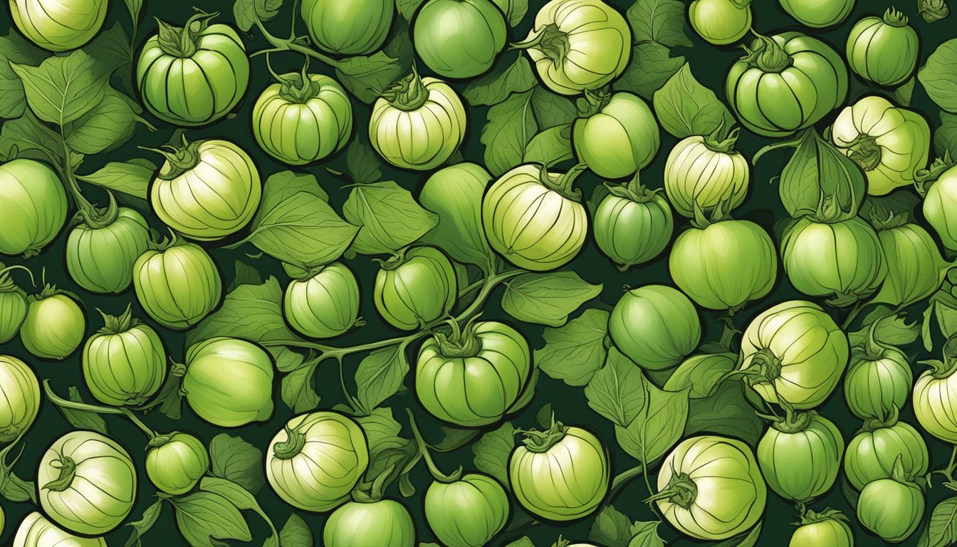 A colorful pile of tomatillos, surrounded by vibrant green leaves and vines, with a few cut open to reveal their juicy flesh and seeds