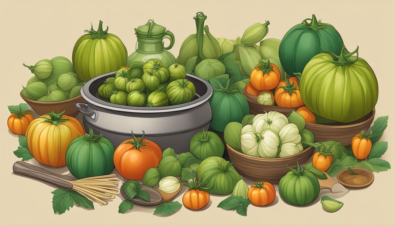 A variety of tomatillos arranged in a colorful display, surrounded by traditional cooking utensils and a backdrop of historical and cultural symbols