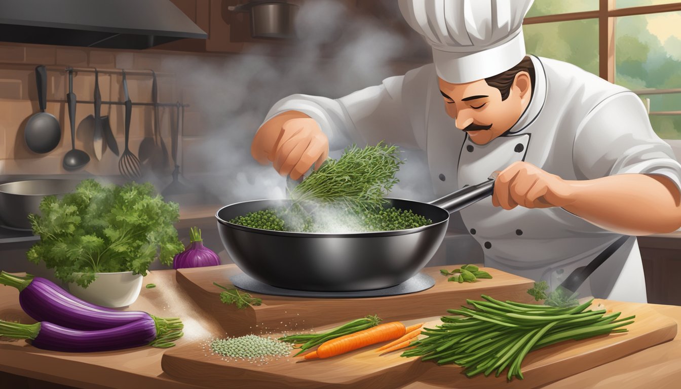 A chef sprinkles fresh thyme over a sizzling pan of vegetables, releasing a fragrant aroma. A bouquet of thyme sits on the counter, with a mortar and pestle nearby for grinding