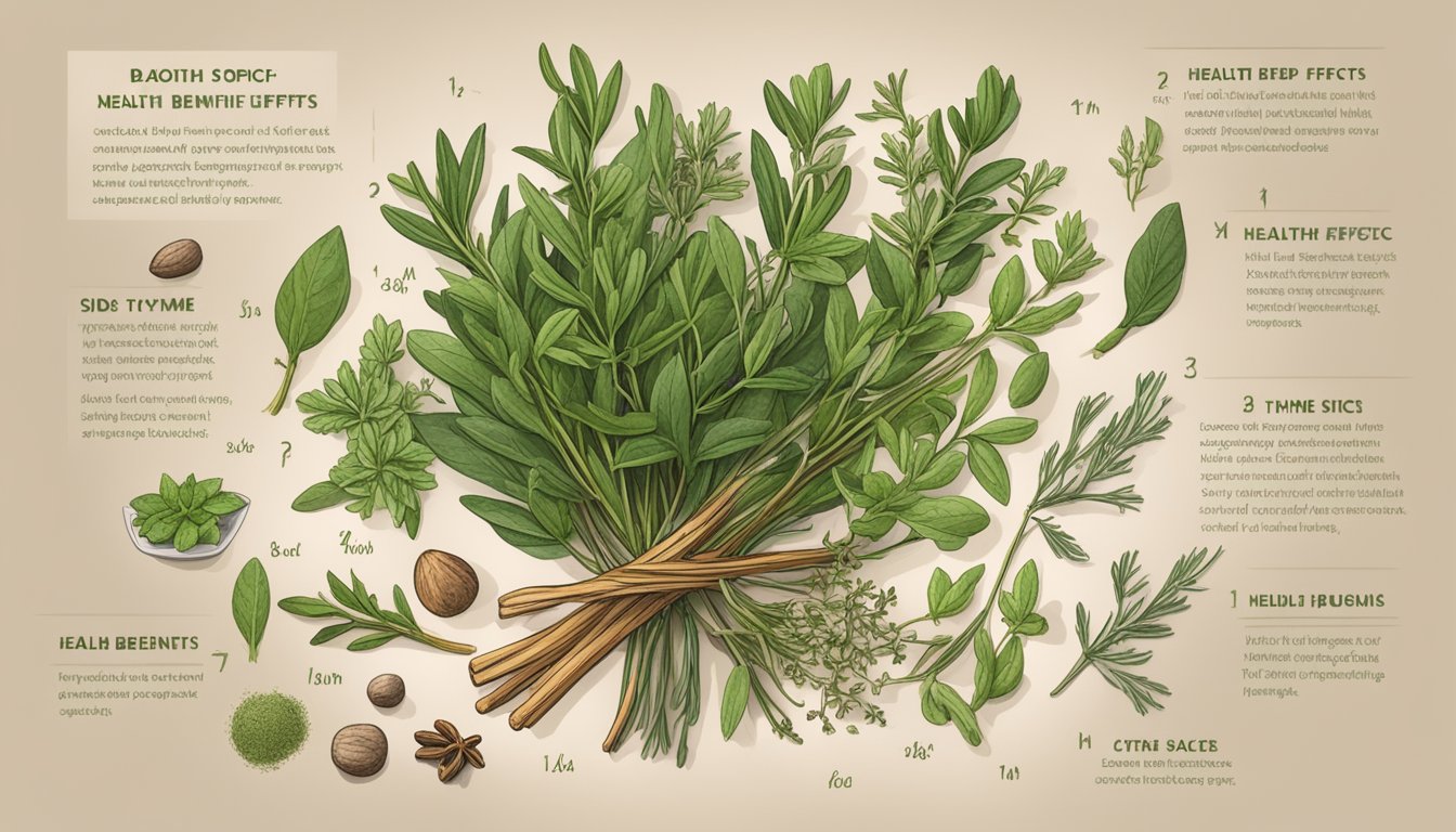 A fresh sprig of thyme surrounded by various herbs and spices, with a label listing its health benefits and potential side effects