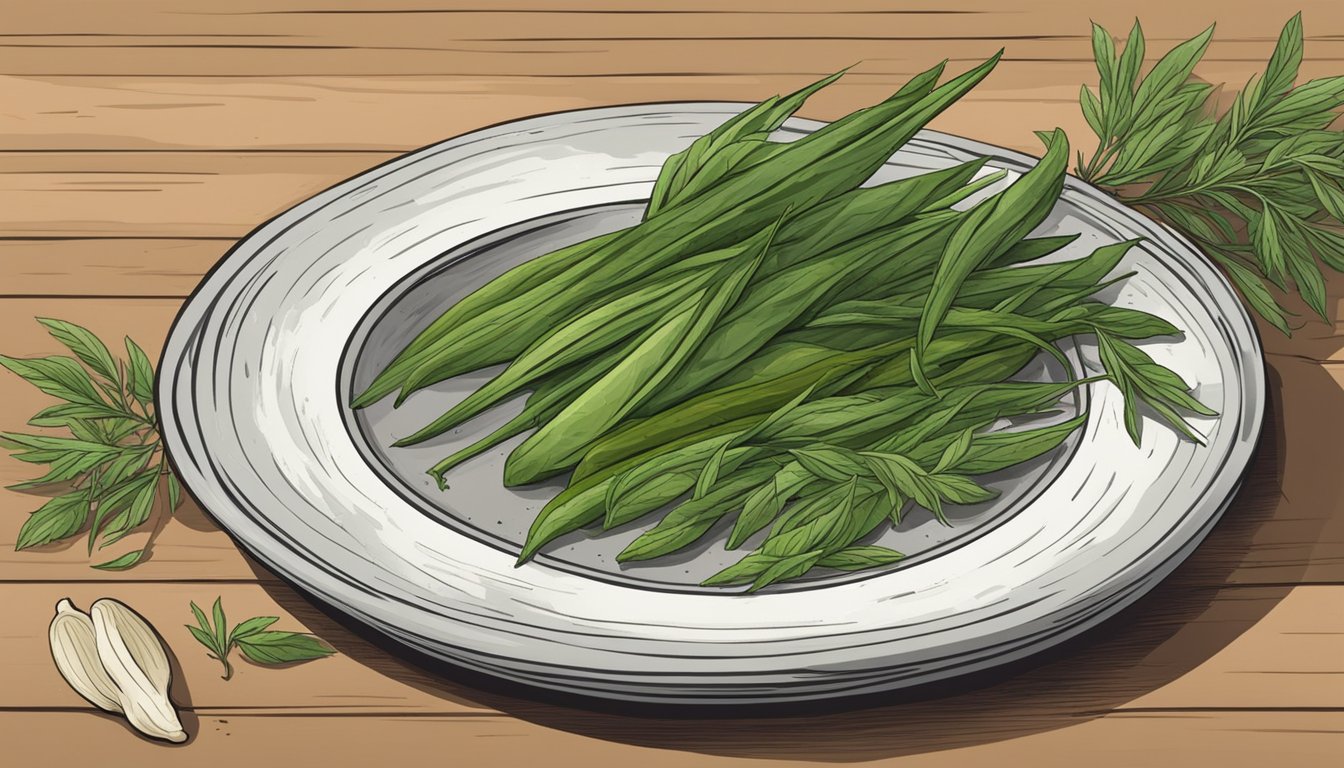 Fresh tarragon leaves and sprigs arranged around a plate of roasted vegetables, with a mortar and pestle nearby for grinding