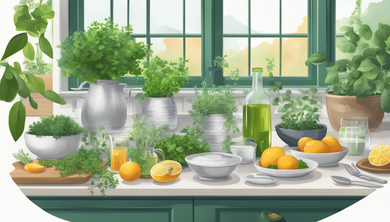 A serene kitchen counter with a variety of dishes and drinks infused with fresh thyme, surrounded by lush green potted herbs