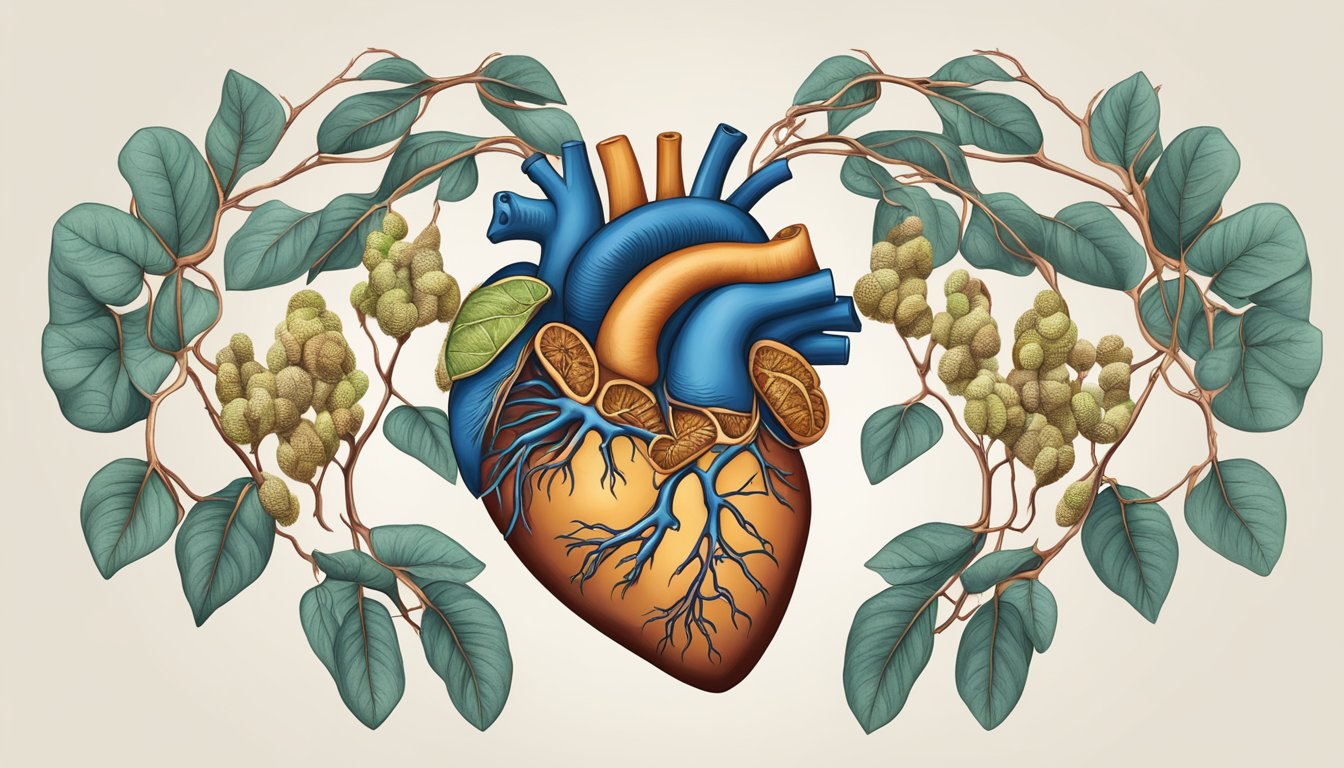 A heart surrounded by tamarind pods, with arteries and veins branching out to symbolize cardiovascular benefits