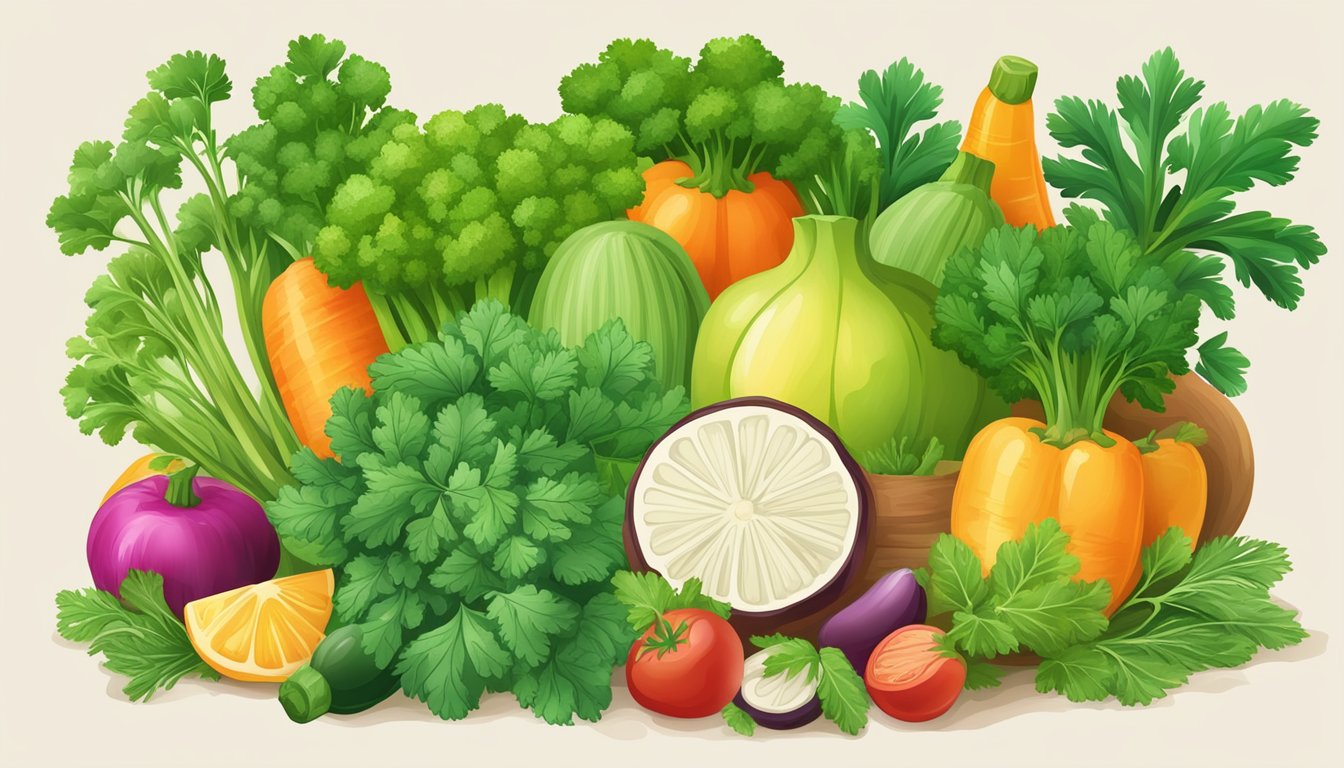 A vibrant bunch of parsley surrounded by various fruits and vegetables, highlighting its nutritional value and health benefits