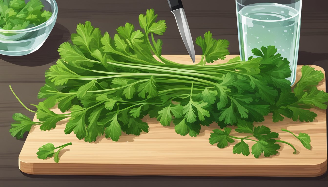 Fresh parsley leaves and stems arranged on a cutting board, with a knife nearby. A glass of water sits next to it