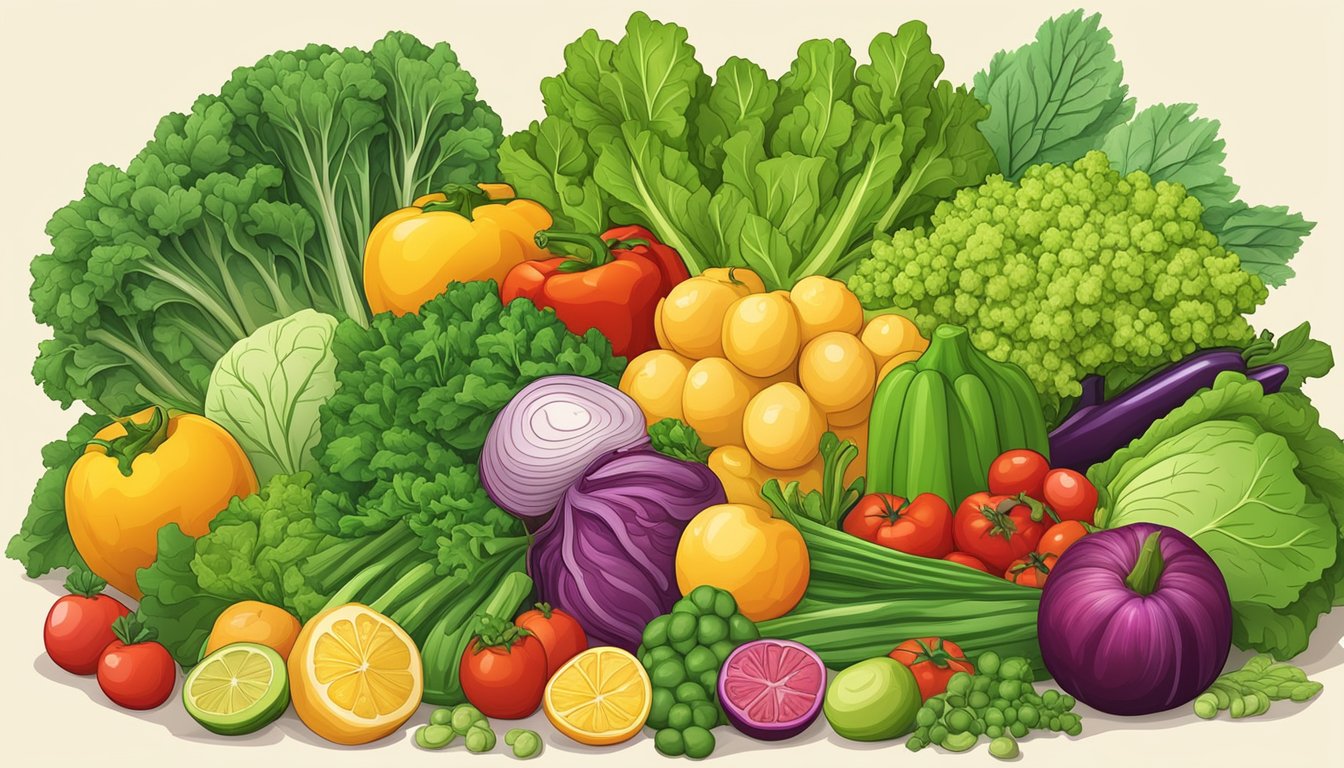 A vibrant pile of fresh mustard greens surrounded by colorful vegetables and fruits, symbolizing the health benefits of incorporating them into a nutritious diet