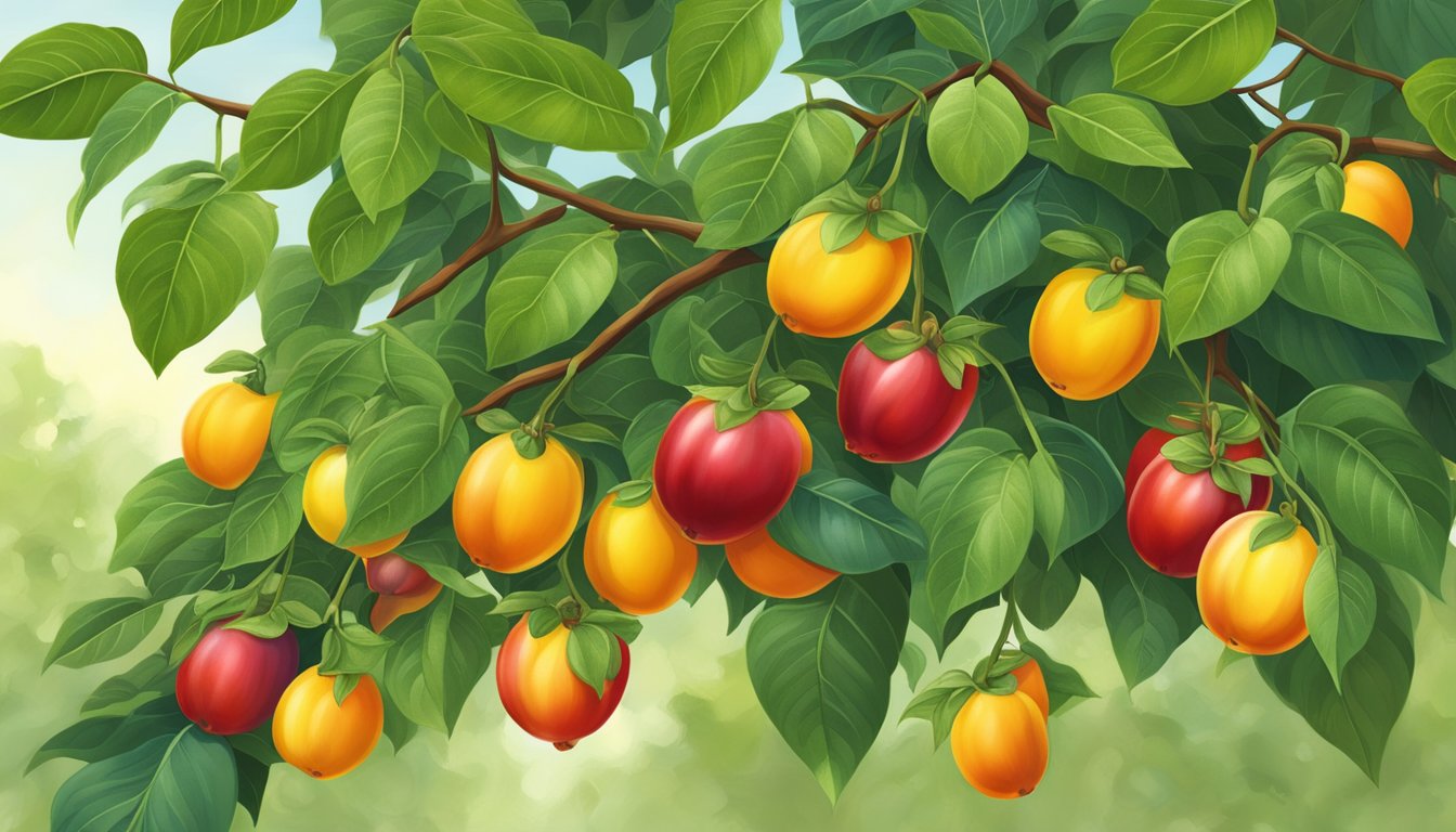 A tamarillo tree with ripe red and yellow fruits hanging from the branches, surrounded by lush green leaves