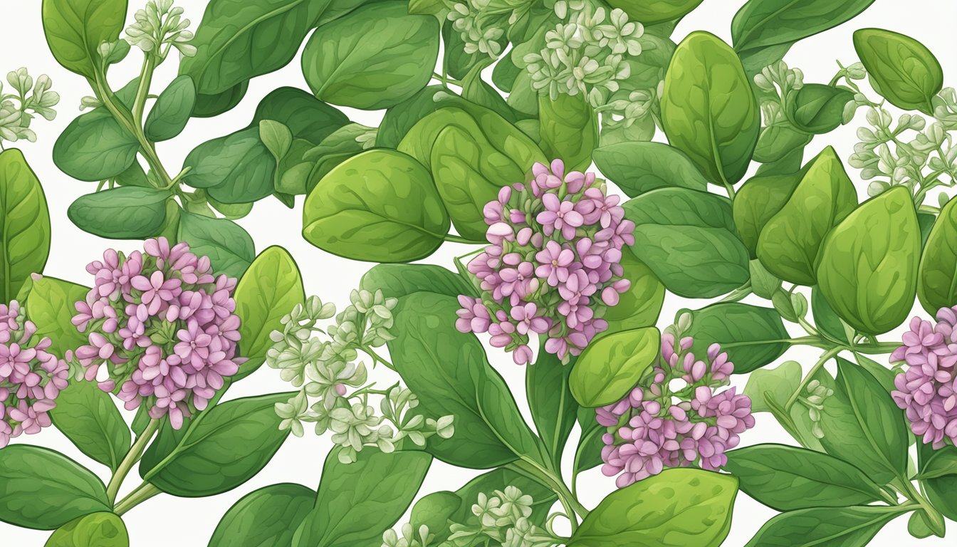 A vibrant illustration of marjoram leaves and flowers, surrounded by symbols representing its health benefits such as improved digestion and reduced inflammation