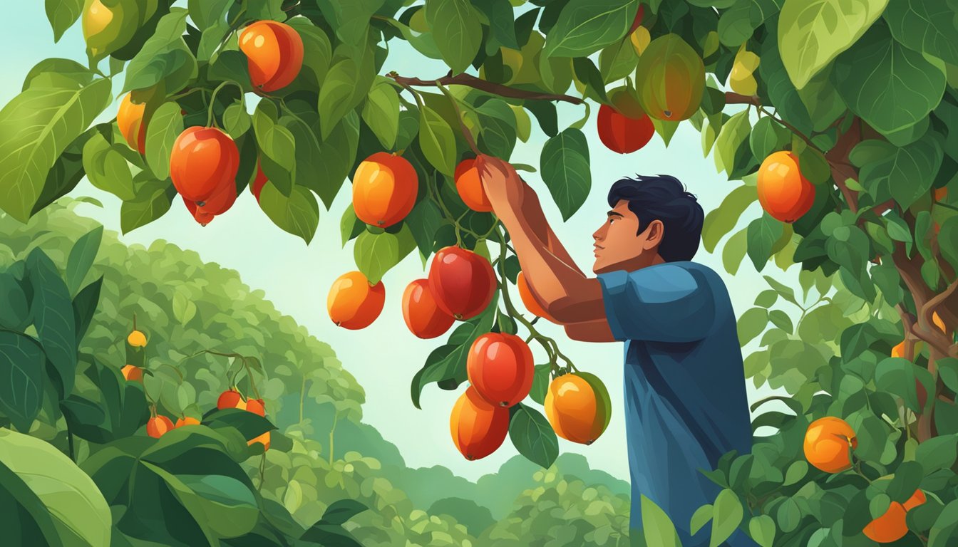 A tamarillo tree with ripe red fruits hanging from its branches, surrounded by lush green leaves. A person is seen harvesting the fruits using a pair of garden shears