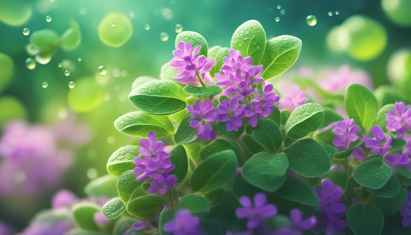 A vibrant oregano plant surrounded by small droplets of water, with sunlight shining down on its lush green leaves