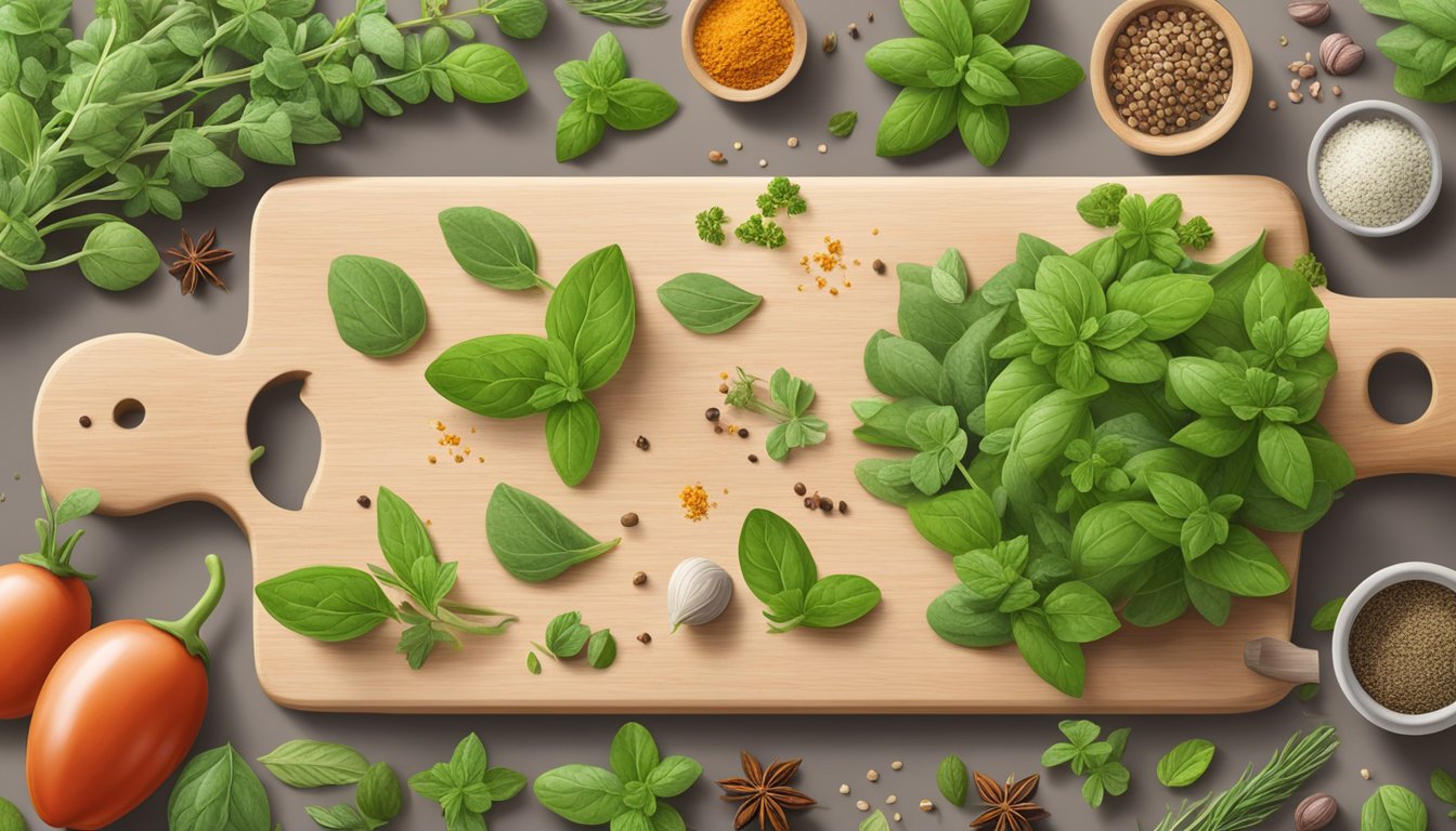 Fresh marjoram leaves and flowers scattered on a cutting board, with a mortar and pestle nearby, surrounded by various culinary herbs and spices